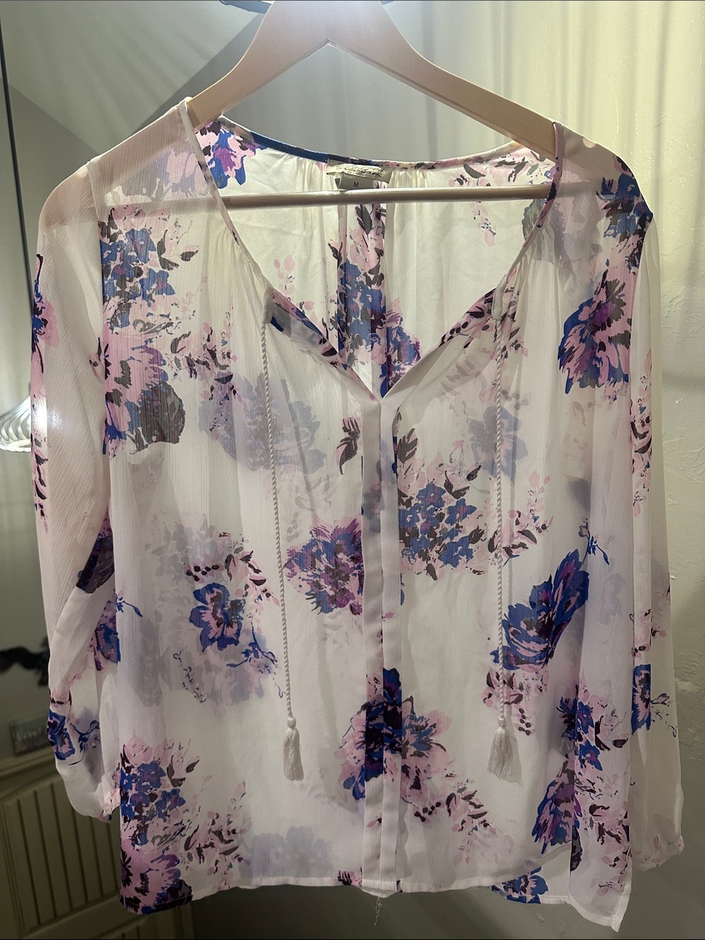 Lucky Brand Sheer Floral  Blouse in White, blue & Purple